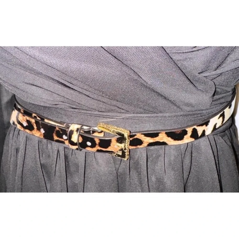 WCM Leopard Print Patent Leather Lined Belt Gold Buckle Brown Black M Chic 47-69